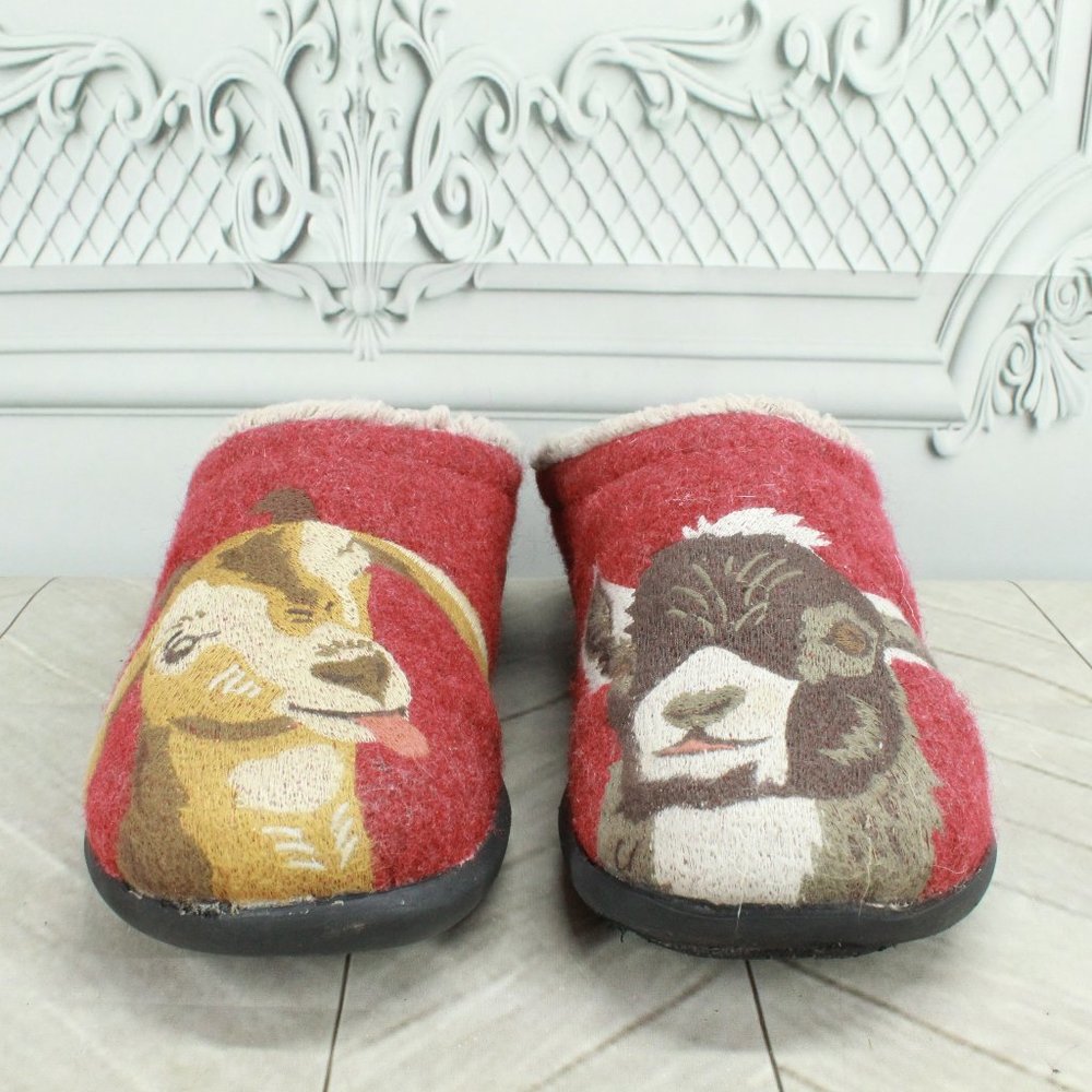 LL Bean Red Wool Daybreak Goat Motif Fleece Scuffs Slippers Size 7 Medium - Picture 5 of 8